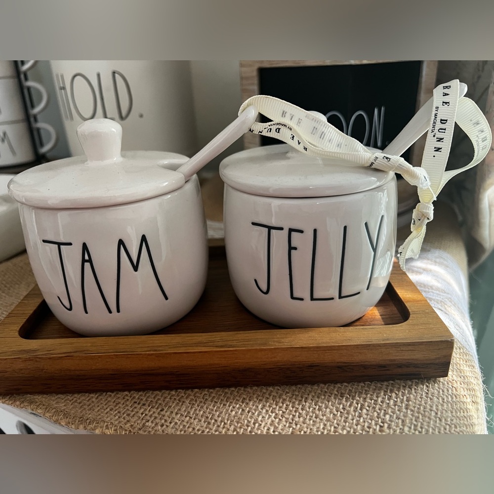 Rae Dunn White Jam and Jelly Set with Wooden Tray
